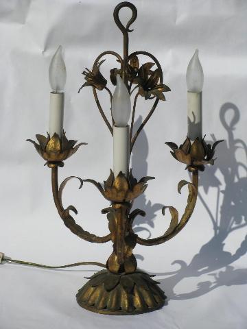 Italian tole wrought metal candelabra table lamp, antique gold flowers, capiz shell shades