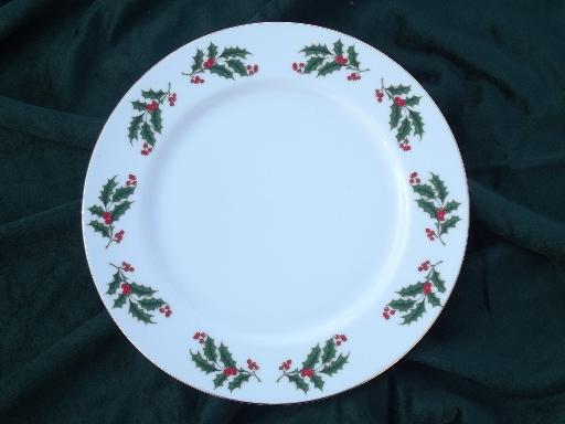 Japan fine china holiday plates set, Christmas holly border on white