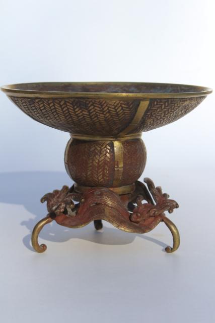 Japanese usubata flower holder, antique vintage bronze vase w/ wave design