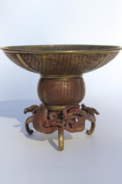 Japanese usubata flower holder, antique vintage bronze vase w/ wave design