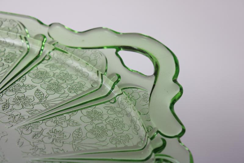 Jeannette cherry blossom pattern green depression glass round tray or plate, 1930s vintage