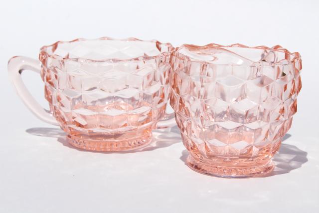 Jeannette cubist pattern vintage pink depression glass cream pitcher & sugar set