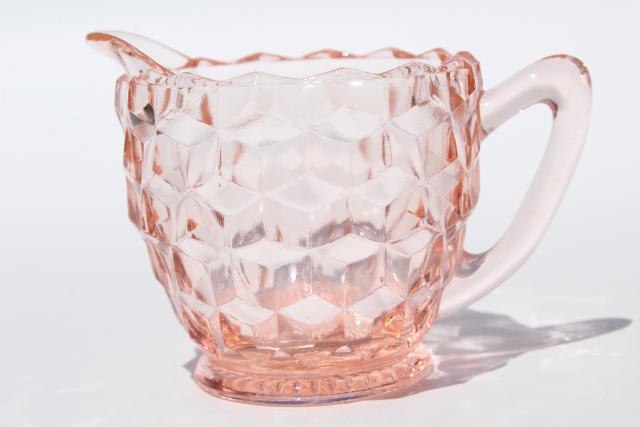 Jeannette cubist pattern vintage pink depression glass cream pitcher & sugar set