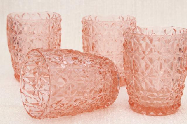 Jeannette holiday buttons and bows pattern flat tumblers, vintage pink depression glass