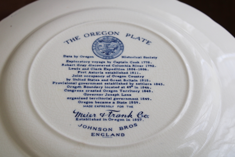 Johnson Bros vintage blue white Meier Frank plate Oregon history, Lewis Clark