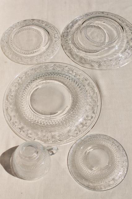 KIG Malaysia sandwich pattern pressed glass dishes, crystal clear dinnerware set for 4