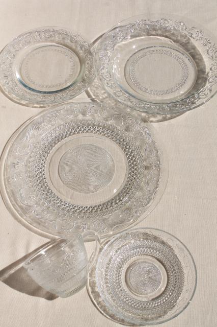 KIG Malaysia sandwich pattern pressed glass dishes, crystal clear dinnerware set for 4