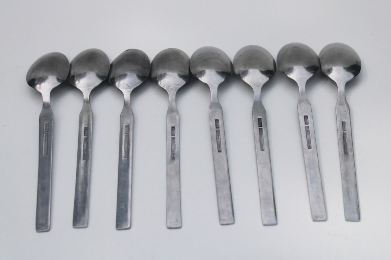Kashmir pattern National stainless soup spoons set of 8, vintage 1970s MCM style