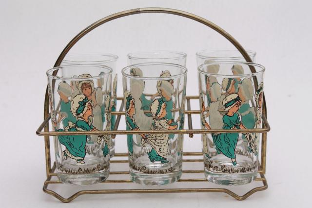Kate Greenaway print drinking glasses, vintage tumblers w/ old-fashioned girls