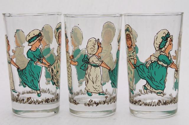 Kate Greenaway print drinking glasses, vintage tumblers w/ old-fashioned girls
