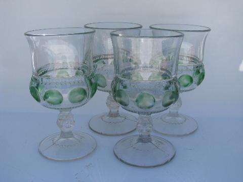King's Crown green stain vintage pattern glass stemware lot, water glasses