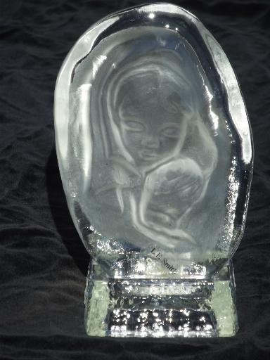 L E Smith label art glass candle holder, portrait of Mary candle shrine