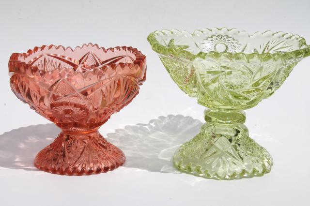 L G Wright pink & green glass candy dishes, sawtooth edge pinwheel whirling star 