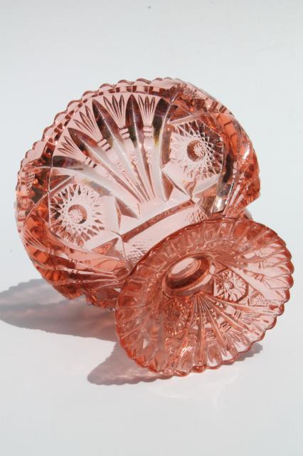 L G Wright pink & green glass candy dishes, sawtooth edge pinwheel whirling star 