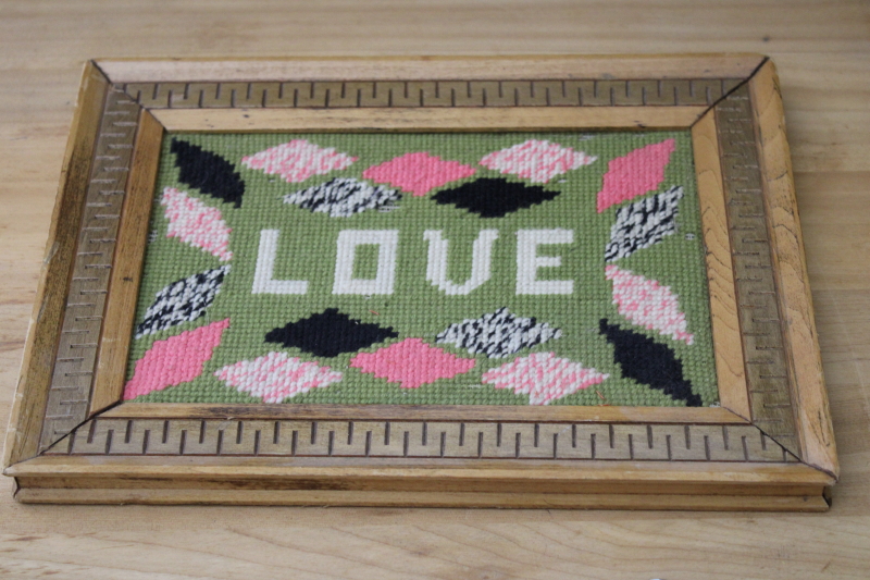 LOVE hand stitched needlepoint picture in carved wood frame, hippie vintage wall art decor