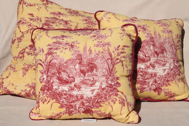 La Petite Ferme vintage Waverly red & yellow toile hens roosters print pillows