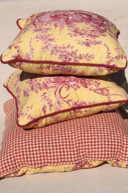 La Petite Ferme vintage Waverly red & yellow toile hens roosters print pillows