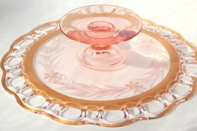 Lancaster glass open work lace edge cake stand, 30s vintage pink depression w/ gold