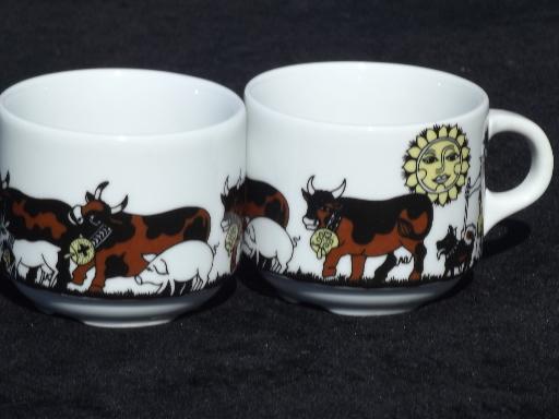 Langenthal Switzerland china cups and saucers, Alpine brown Swiss cows on mountain