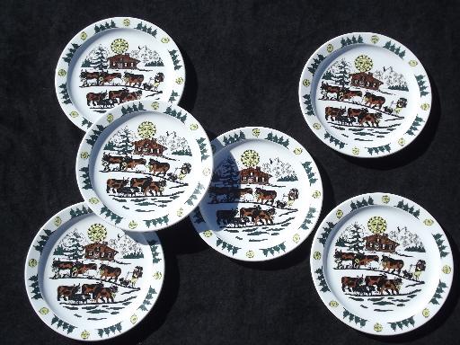 Langenthal Switzerland china plates, Alpine brown Swiss cows on mountain