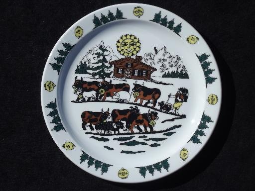 Langenthal Switzerland china plates, Alpine brown Swiss cows on mountain