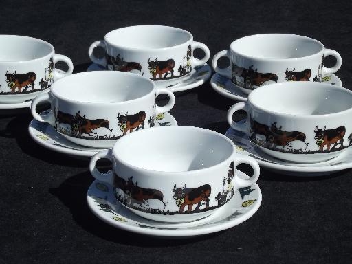 Langenthal Switzerland china soup cups, Alpine brown Swiss cows on mountain