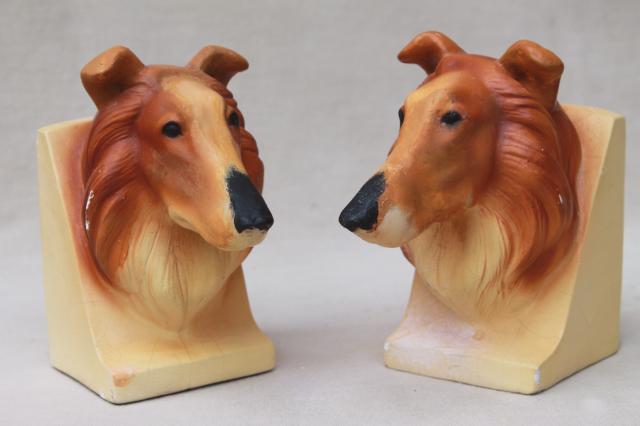 Lassie collie dog bookends, vintage chalkware plaster book ends w/ Marbello Art Craft label