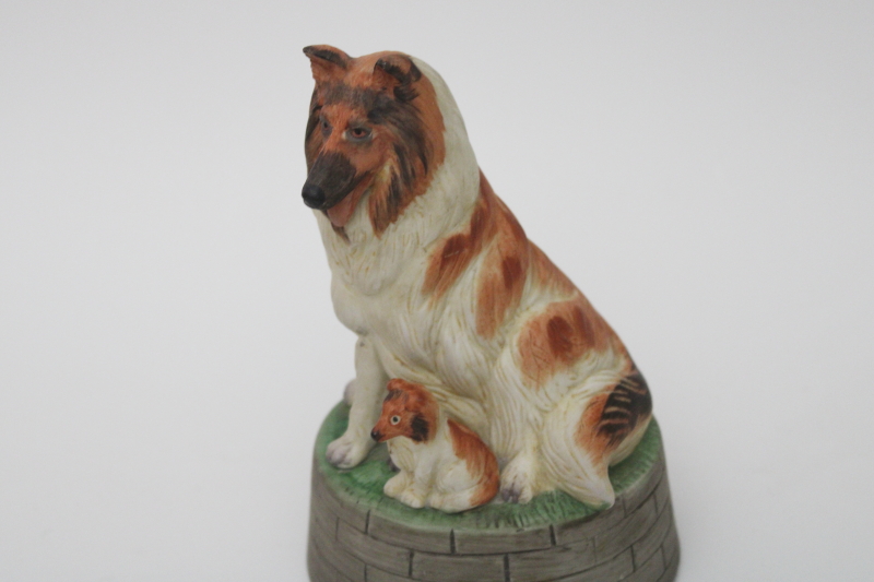 Lassie collie dog mama  puppy vintage china music box, plays O Where Has My Little Dog Gone