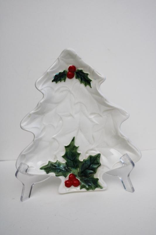 Lefton Japan ceramic holly berry white Christmas tree shape dish, 1970s vintage