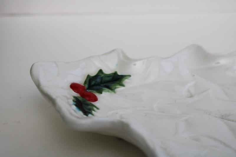 Lefton Japan ceramic holly berry white Christmas tree shape dish, 1970s vintage