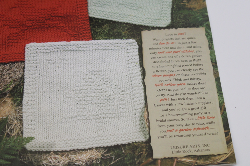 Leisure Arts needlework booklet, cotton dishcloths to knit, knitted garden theme designs