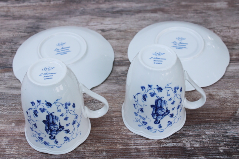 Lenox Les Saisons vintage French country blue and white china toile print mug cups saucers Autumn