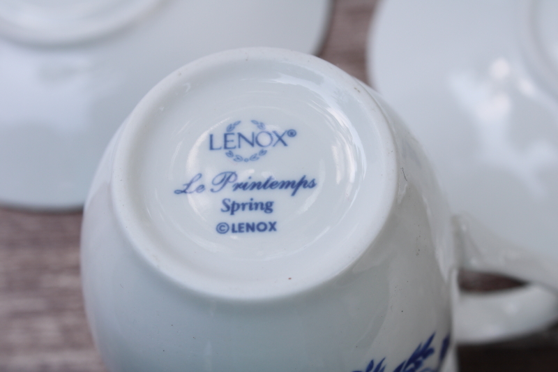 Lenox Les Saisons vintage French country blue and white china toile print mug cups saucers Spring