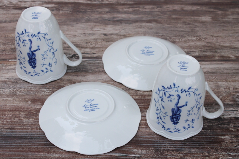 Lenox Les Saisons vintage French country blue and white china toile print mug cups saucers Winter