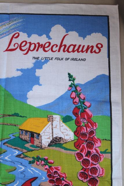 Leprechauns rainbow print vintage linen tea towel, souvenir of Ireland