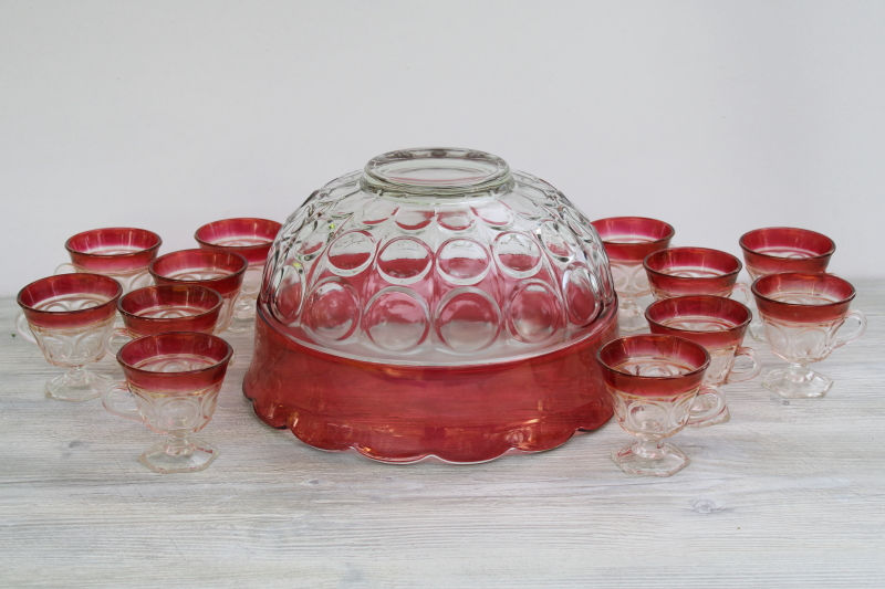 Lexington coinspot pattern ruby band glass punch bowl footed cups, vintage Indiana glass