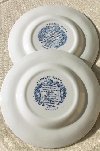 Liberty Blue Staffordshire vintage china plates, Monticello scene set of 6