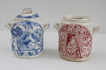 Little Mae 1800s antique transferware china, girl w/ dog red  blue doll dishes