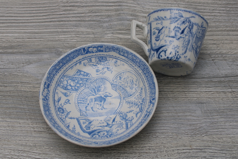 Little Mae childs china tea cup  saucer, antique transferware girl w/ dog in blue