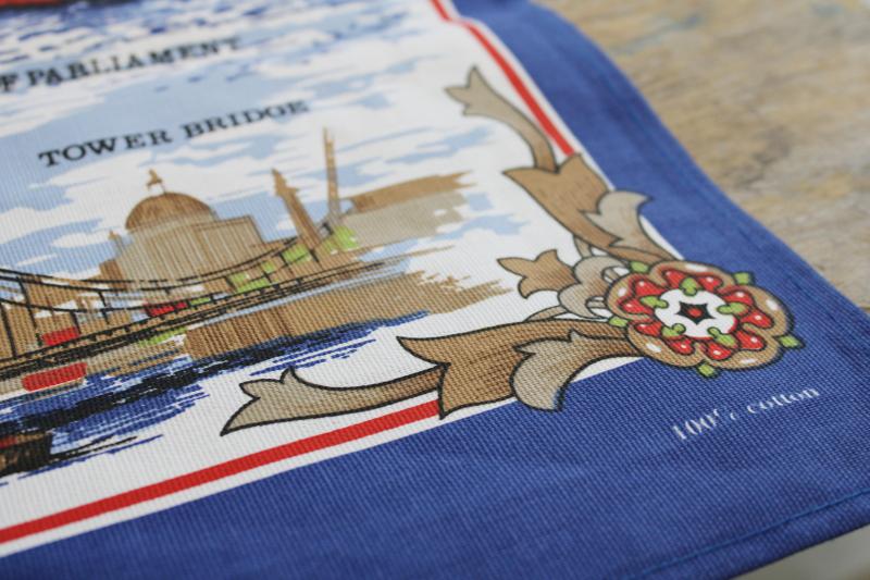 London landmarks print cotton kitchen tea towel, vintage travel souvenir 