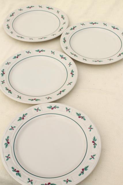 Longaberger Holly Christmas Traditions stoneware pottery dinner plates set of four