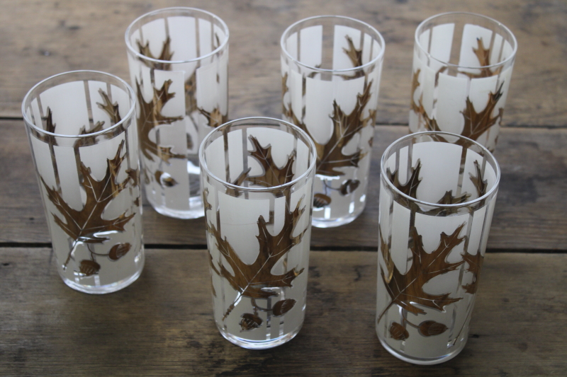 Lotus glass mid century mod vintage highball glasses, gold oak leaf  acorn tumblers