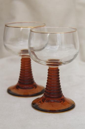Luminarc France Rhine wine glasses, clear bowls w/ ring ribbed amber stems