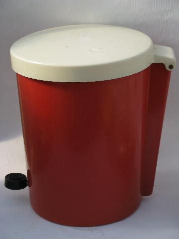 Lustroware 1950s vintage red plastic kitchen trash can, step pedal lid