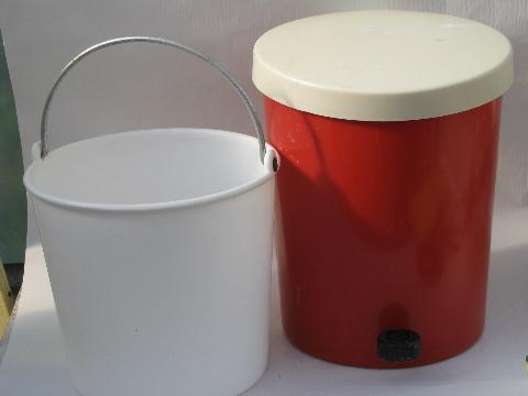 Lustroware 1950s vintage red plastic kitchen trash can, step pedal lid