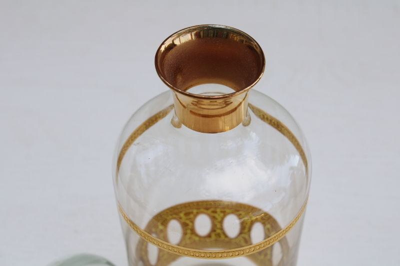 MCM 1950s vintage Culver glass decanter, bar bottle w/ round stopper, Antiqua heavy gold ovals