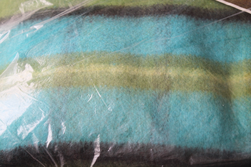 MCM 60s vintage rayon plush blanket in original pkg, retro plaid turquoise lime green black