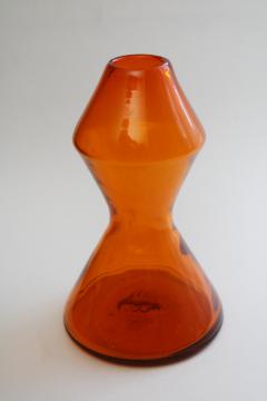 MCM atomic orange hand blown art glass bottle, decanter or vase, mid-century mod vintage