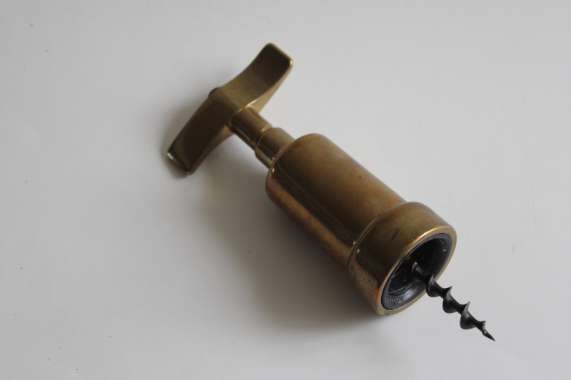MCM heavy solid brass corkscrew wine bottle opener, made in Italy 1970s vintage
