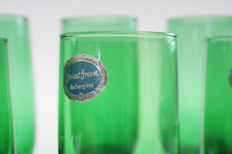 MCM vintage Anchor Hocking labels forest green glass drinking glasses, roly poly tumblers